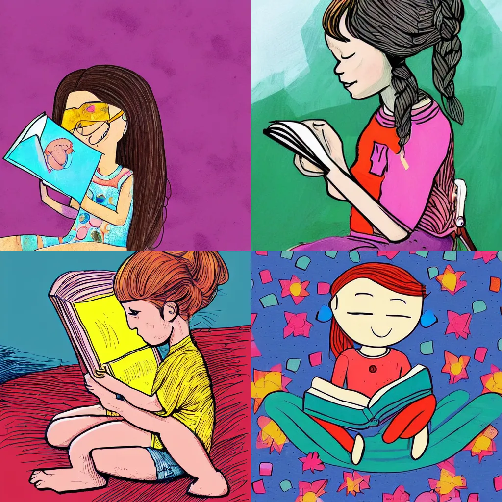 Image similar to a girl reading a book, digital art, children's book style, colourful, illustration