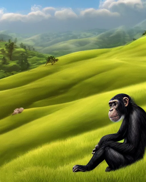 Prompt: very detailed high resolution illustration of a chimpanzee, rolling green hills, 3 d, 8 k, extremely detailed, artstation