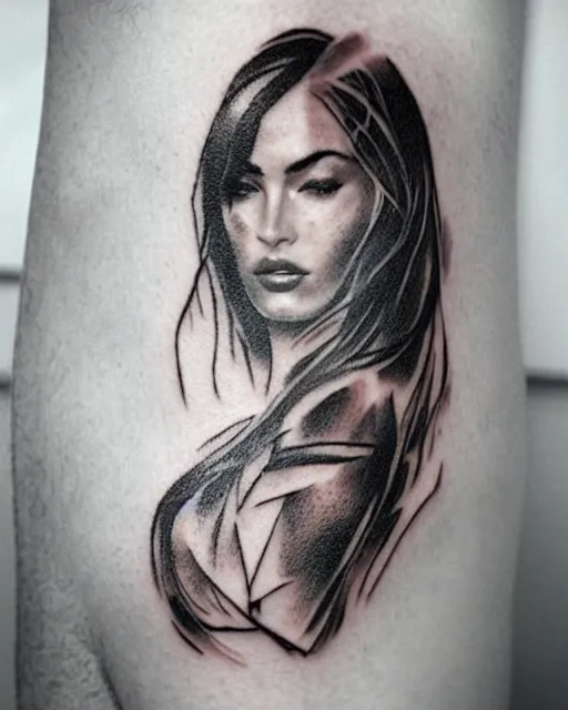 Image similar to creative double exposure effect tattoo design sketch of megan fox faded in beautiful mountain scenery, realism tattoo, in the style of matteo pasqualin, amazing detail, sharp