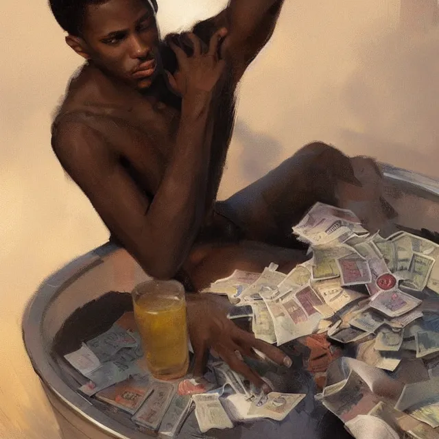 Prompt: 2 0 year old black man, with short hair, smoking tobacco, sitting in a pool of money, portrait, elegant, intricate, digital painting, artstation, concept art, smooth, sharp focus, illustration, art by konstantin korovin and daniel f. gerhartz and john howe