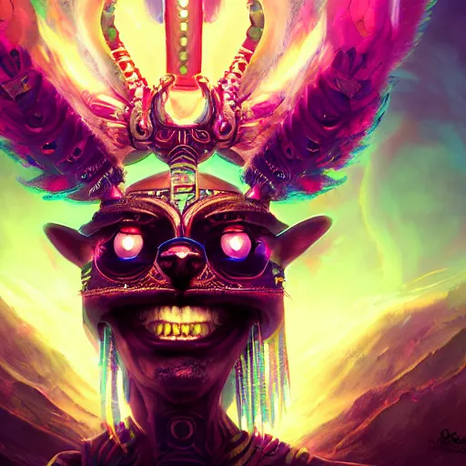 Image similar to synthwave chieftain - cat with ultradetailed aztec - headdress and big glowing cyber eyes by peter mohrbacher and emmanuel shiu and martin johnson heade and bastien lecouffe - deharme, rim light photography