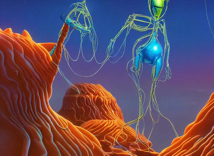 Image similar to close up photography of strange surrealist detailed glowing alien electronic-musical-instruments!! in a bryce 3d surrealist landscape biome, designed by pixar!!, Michael Whelan art directs Dune (1984), hyper detailed, photorealistic, 8k, hd