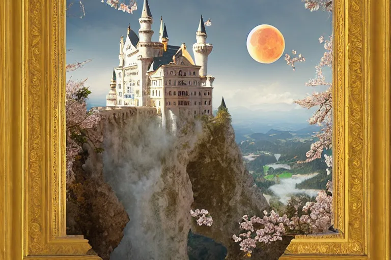 Image similar to neuschwanstein castle on pamukkale thermal waters flowing down gold travertine terraces during sakura season on a blood moon, by peter mohrbacher, james jean, wlop, greg rutkowski, rule of thirds, beautiful landscape