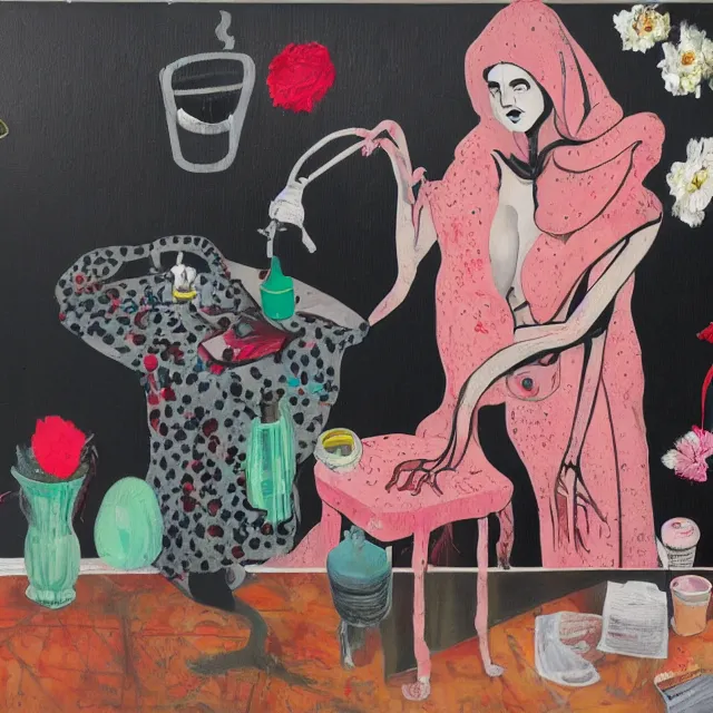 Image similar to empty room with black walls, sensual portrait of a female pathologist, octopus mural, spilled vase of flowers and water, squashed berries, neo - expressionism, surrealism, acrylic and spray paint and oilstick on canvas