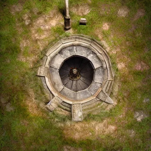 Prompt: an old well seen from above and at the bottom of the well a man screaming, digital art, trending on artstation,