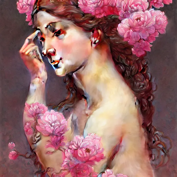 Image similar to a wonderful goddess with a realistic body made of pink petals, intricate, elegant, highly detailed, wonderful eyes, sweet, digital painting, artstation, concept art, smooth, sharp focus, illustration, art by artgerm and greg rutkowski and alphonse mucha and william - adolphe bouguereau