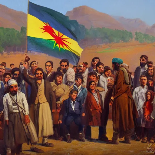 Prompt: a painting of a group of kurdish people standing around a signed declaration of independence for kurdistan, an oil painting by ilya ostroukhov, featured on deviantart, socialist realism, ilya kuvshinov, movie still, oil on canvas