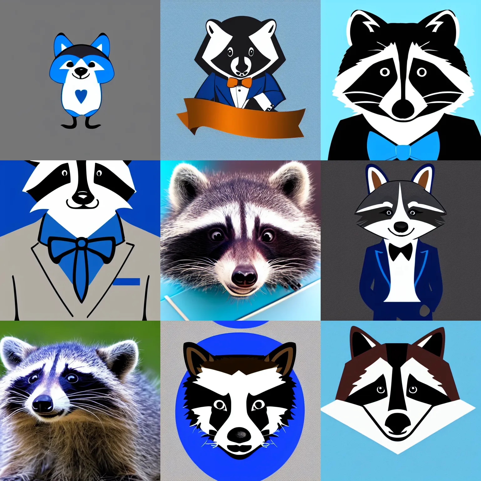 Prompt: simplistic logo raccoon wearing a blue tuxedo, hd, white background