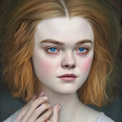 Image similar to professional painting of Elle Fanning in the style of Andrea Kowch, head and shoulders portrait, symmetrical facial features, smooth, sharp focus, illustration, intricate, stormy weather, extremely detailed masterpiece,