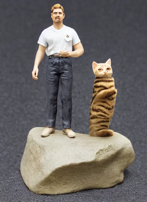 Image similar to 80mm resin detailed miniature of beautiful europenian man with moustache and no beard wearing white t-shirt and holding tabby cat, Product Introduction Photos, 4K, Full body