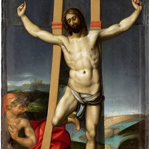 Prompt: jesus on his cross with a snorkel swimming in a pool with water up to his waist in the michel angelo style