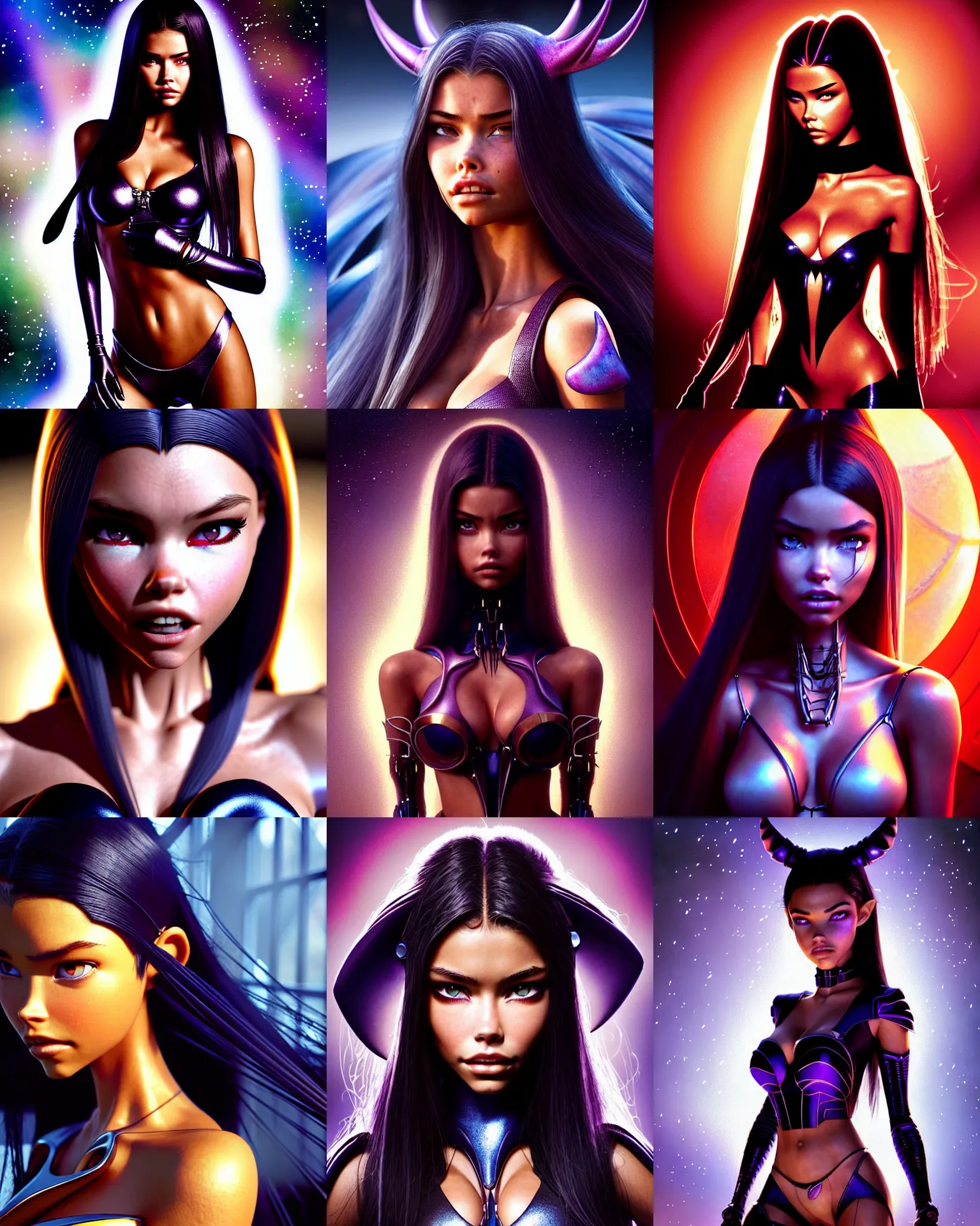 Prompt: weta disney pixar movie still portrait photo of madison beer, adriana lima : : as edc devil space cyborg by pixar : : by weta, greg rutkowski, wlop, ilya kuvshinov, rossdraws, artgerm, marvel, maxim magazine cover, rave girl, unreal engine, sweaty, glitter, pearlescent, morning, anime, : :