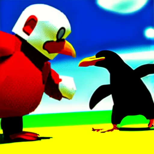 Prompt: danny devito punching a penguin, nintendo 6 4 screenshot, low poly, aliased