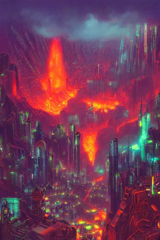 Image similar to a cyberpunk city in the crater of a volcano, lava flowing, smoke, fire, neon, clubs, industrial, by paul lehr, jesper ejsing