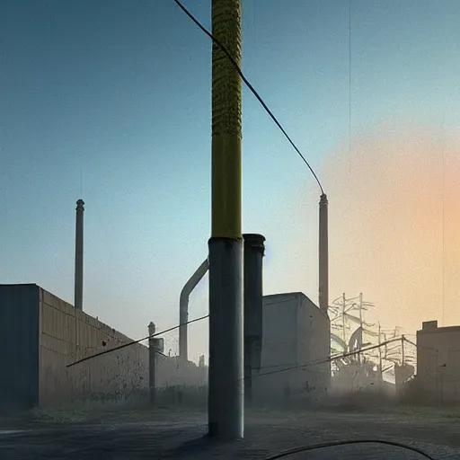 Prompt: mosque in style of steel factory, mist, simon stalenhag