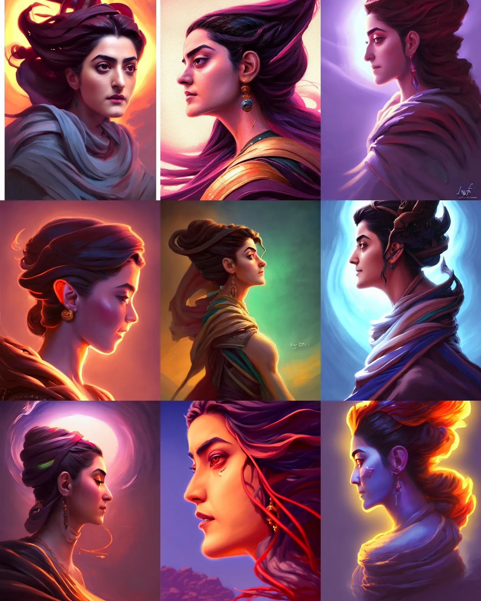 Prompt: side profile centered painted portrait, Maya Ali as a wind sorcerer, just one head, Gloomhaven, D&D, cell-shaded, matte painting concept art, beautifully backlit, official fanart, 8k, HDR, Trending on artstation, Behance, Art Nouveau, vivid neon colours, by Jesper Ejsing and RHADS and Makoto Shinkai and Lois van baarle and ilya kuvshinov and rossdraws and Cushart Krentz and Gilleard James