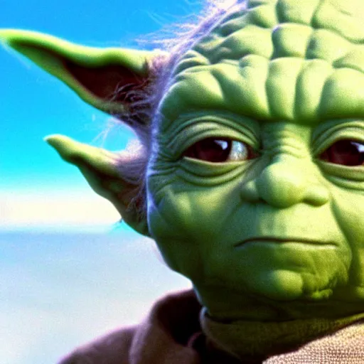 Image similar to film still of yoda on a beach movie 4 k