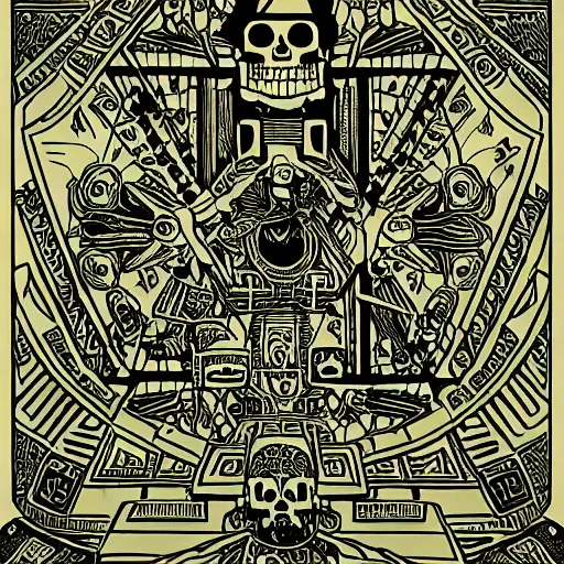 Image similar to precisely drawn illustration of a Mayan ziggurat decorated with skulls, old-fashioned tarot card, victorian playing card, sepia tone, wide angle, sharp, fine details, anime, manga, French comic style, cyberpunk, intense line art, 8k, precise linework, realistic, shaded lighting by katsuhiro otomo ghost-in-the-shell, magali villeneuve, artgerm, rutkowski Jeremy Lipkin and Giuseppe Dangelico Pino and Michael Garmash and Rob Rey and Moebius