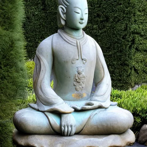 Prompt: marble statue of zenyatta meditating in a rococo japanese garden