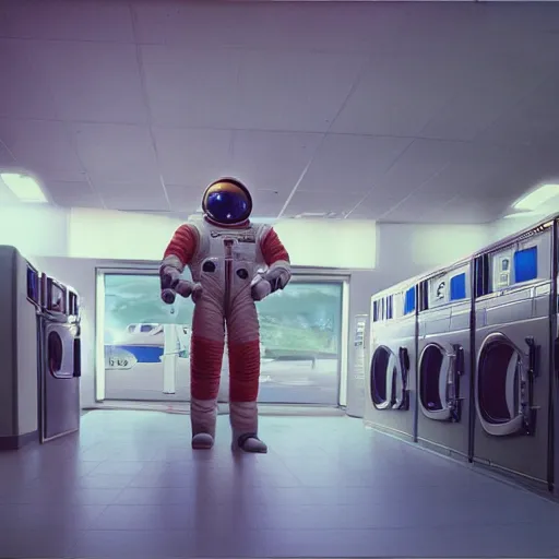 Image similar to a beautiful photo of an astronaut waiting in a laundromat, 1970', soft light, morning light, photorealistic, realistic, octane, 8k, cinematic shot