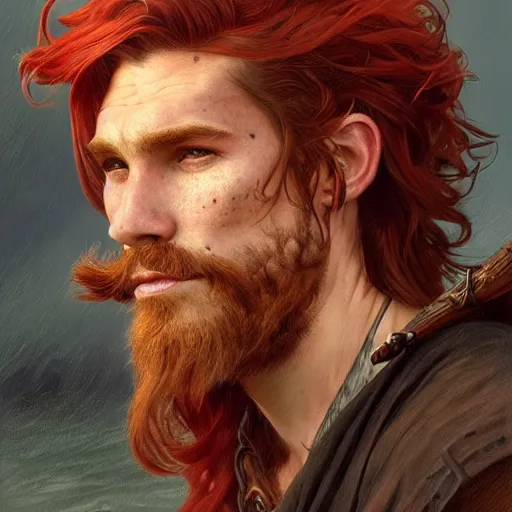 Image similar to portrait of a young ruggedly handsome but charming pirate, male, freckles, masculine, upper body, red hair, long hair, d & d, fantasy, intricate, elegant, highly detailed, digital painting, artstation, concept art, matte, sharp focus, illustration, art by artgerm and greg rutkowski and alphonse mucha