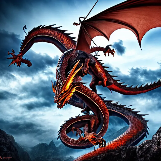Prompt: dragon fighting a giant, highly detailed, 8 k, hdr, smooth, sharp focus, high resolution, award - winning photo