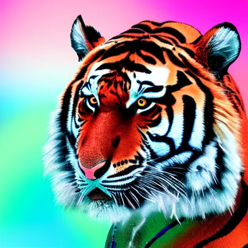 Prompt: A tiger in a lab coat with a 1980s Miami vibe, digital art