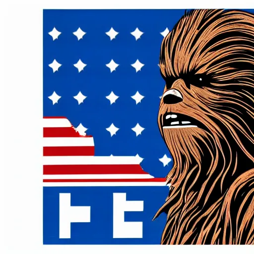 Image similar to chewbacca presidential election poster showing close up of chewbacca face red and blue duotone screenprint by sheperd fairey