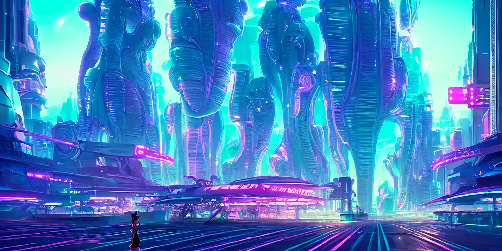 Image similar to hyper detailed ultra sharp of a beautiful woman robot boss, futuristic city with neon lights in the background, sky sended by god. behance hd by jesper ejsing, by rhads, makoto shinkai and lois van baarle, ilya kuvshinov, rossdraws radiating a glowing aura global illumination ray tracing hdr, 8 k