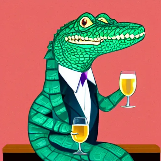 Image similar to alligator in a suit drinking a fancy wine