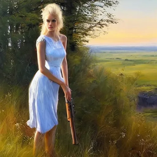 Prompt: mysterious blonde woman in hot dress in the swedish countryside, holding a shotgun!!!, freedom, scenic, beautiful, masterpiece, highly detailed, painting by vladimir volegov