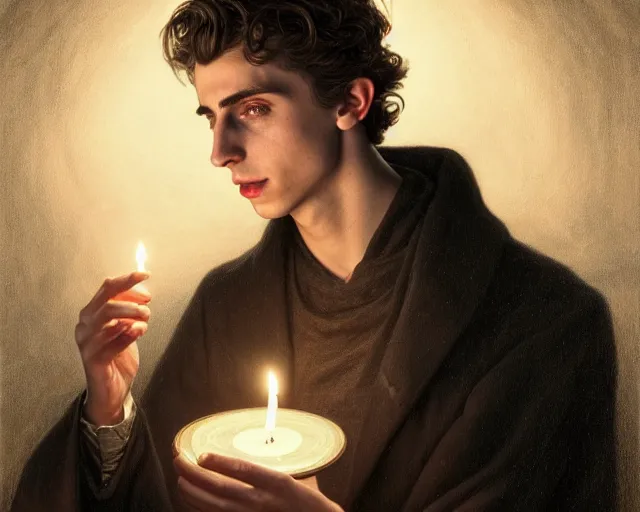 Image similar to a mind - blowing portrait of fortune seeker timothee chalamet, holding a candle holder, wearing dark maritime clothing, long night cap, deep focus, d & d, fantasy, intricate, elegant, highly detailed, digital painting, artstation, concept art, matte, sharp, illustration, hearthstone, art by artgerm and greg rutkowski and alphonse mucha