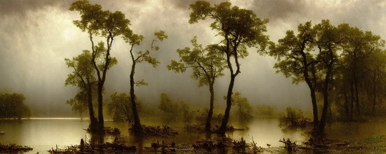 Image similar to a painting of a lake, heavy downpour, raining, by albert bierstadt