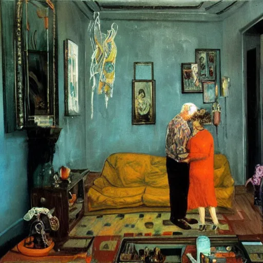 Image similar to high quality high detail painting of a old couple in a soviet living room by lucian freud and zdzislaw beksinski and francis bacon, hd, dark atmosphere, turquoise and orange