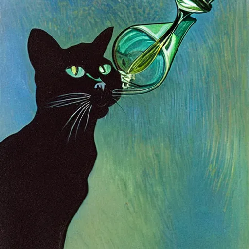 Prompt: a black cat with green eyes, holding a champagne flute filled with blue liquid, green background, in the style of Alphonse Mucha