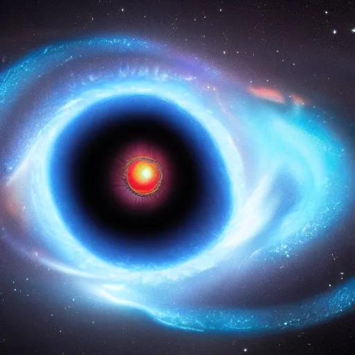 Prompt: A beautiful blue glowing galaxy forming a dragon's eye with the pupil being a black hole