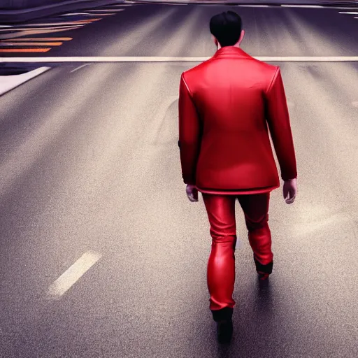 Prompt: isometric view of a man with a red jacket from back. walking towards a red futuristic motorbike on a wide road. photo realistic, hyper realistic, dramatic lighting, cyberpunk, ultra detailed, sharp focus, wide angle, digital illustration, trending on artstation