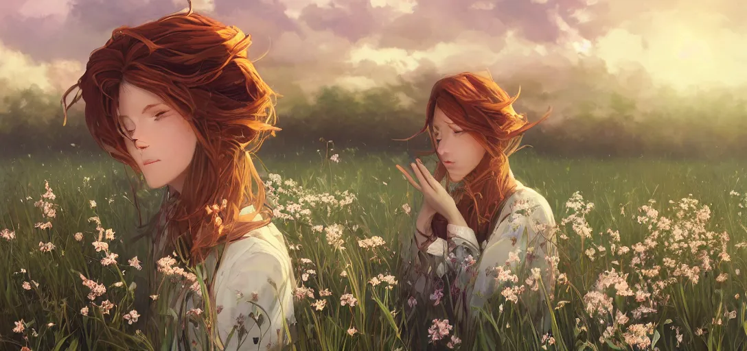 Image similar to a beautiful southern woman named Savannah, innocent, somber turquoise eyes, freckles, long ginger hair tied with white ribbon, relaxed in a field of flowers on a farm, gentle lighting, storm in the distance, western clothing, dress, digital art by Makoto Shinkai ilya kuvshinov and Wojtek Fus, digital art, concept art,