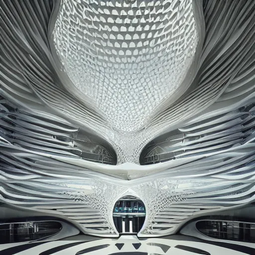 Image similar to extremely detailed ornate stunning beautiful elegant futuristic museum lobby interior by Zaha Hadid