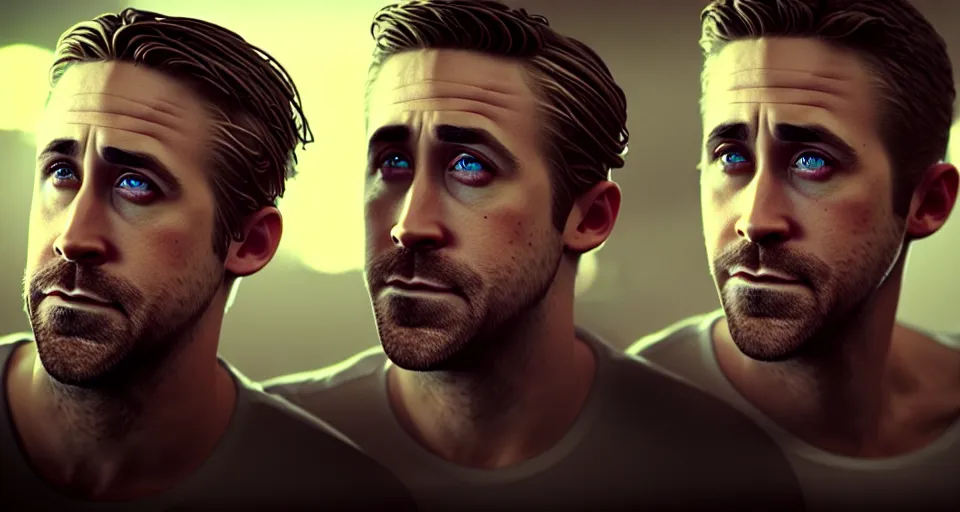 Image similar to ryan gosling and jake gyllenhaal posing dramatically together rendered in unreal engine 5, by wlop, greg rutkowski, and peter mohrbacher, octane render, ultra high detail, ultra realistic 3 d, extremely detailed shading, ray tracing, concept art, character design, trending on artstation, unreal engine 5, gritty atmosphere, glow, cinematic lighting, full of color