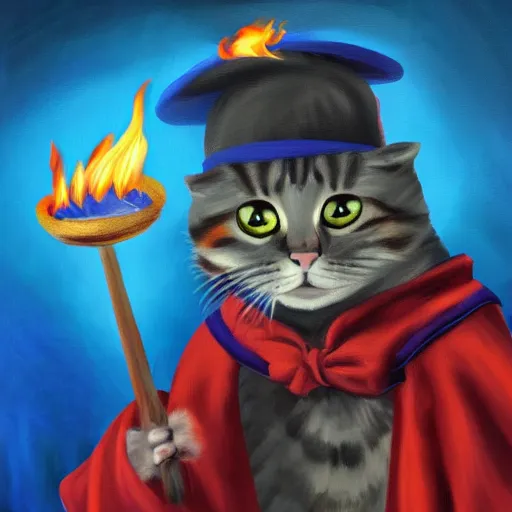 Prompt: An oil painting of cat wizard wearing blue robes casting a fire spell, digital art