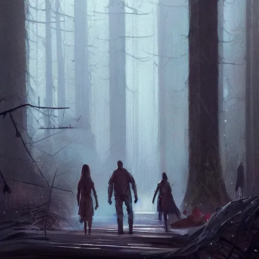 Image similar to concept art by greg rutkowski, a very tall and slender young man walking with a very tall and slender woman through a forest of giant trees, dark atmosphere, surrounded by fireflies, detailed portraits, disturbing atmosphere, scifi, digital painting, artstation, concept art, smooth, sharp foccus ilustration, artstation hq