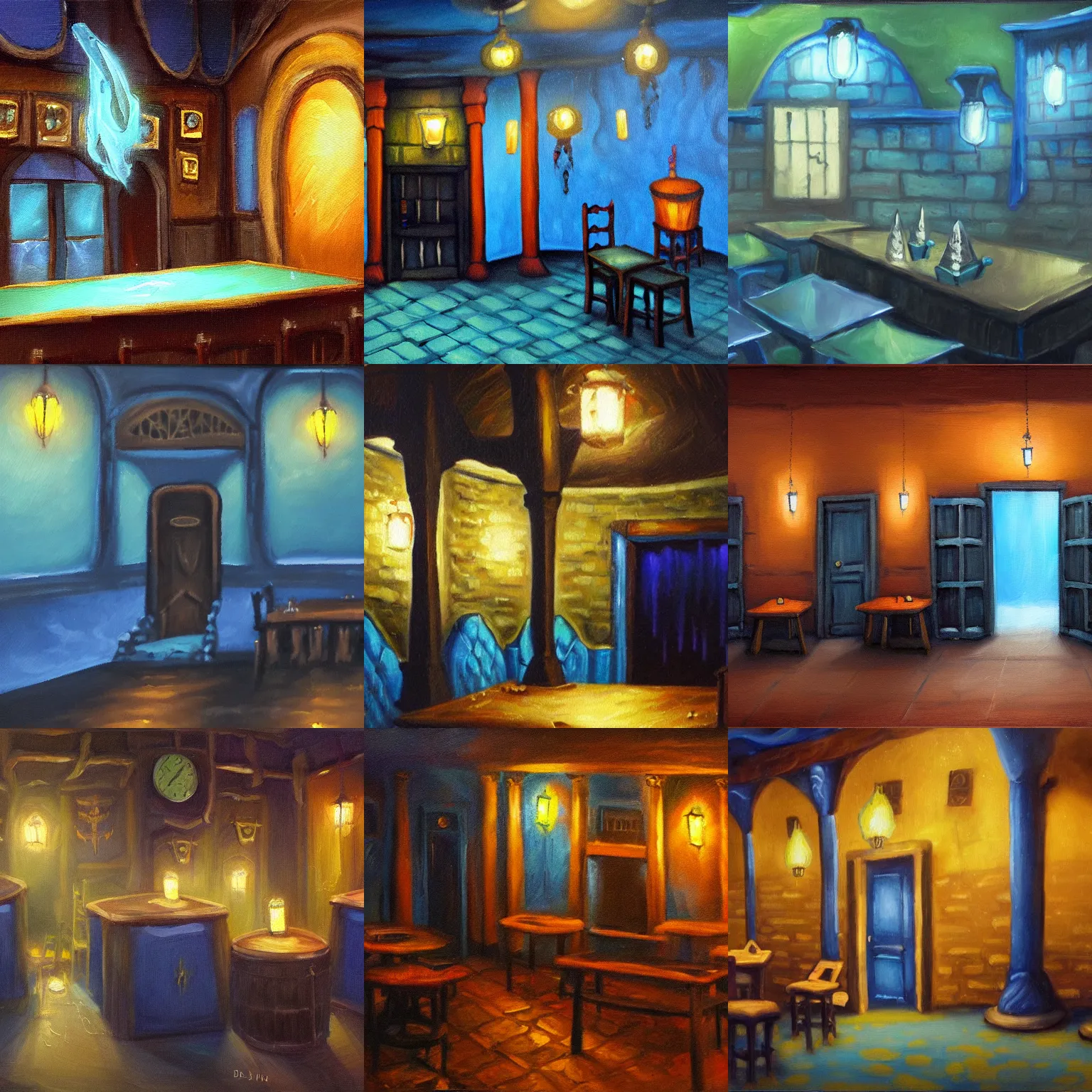 Prompt: blue will - o'- the - wisp in an empty d & d tavern at night, oil painting