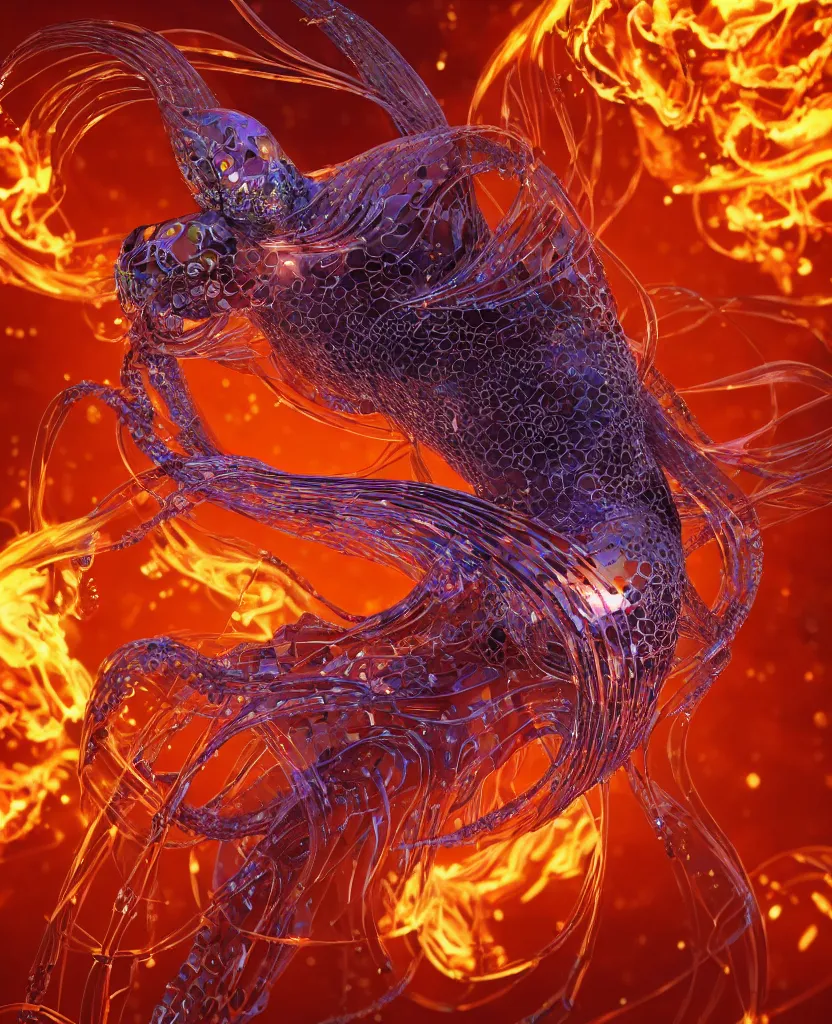 Image similar to close-up macro portrait of the face of a beautiful princess, epic angle and pose, symmetrical artwork, 3d with depth of field, blurred background, cybernetic jellyfish female face skull phoenix bird, translucent, nautilus, energy flows of water and fire. a highly detailed epic cinematic concept art CG render. made in Maya, Blender and Photoshop, octane render, excellent composition, cinematic dystopian brutalist atmosphere, dynamic dramatic cinematic lighting, aesthetic, very inspirational, arthouse. y Greg Rutkowski, Ilya Kuvshinov, WLOP, Stanley Artgerm Lau, Ruan Jia and Fenghua Zhong