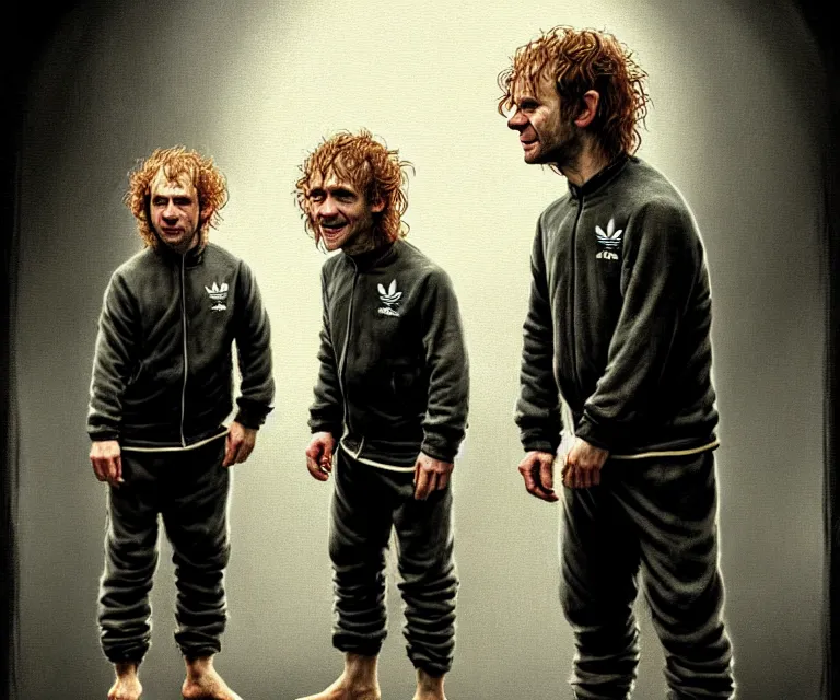 Prompt: a detailed 5 0 mm portrait of dominic monaghan and billy boyd as hobbits squatting slavs in black adidas track suits with white stripes down the leg, caricature, highly detailed, digital painting, artstation, concept art, sharp focus, cinematic lighting, illustration, art by met mangindaan, artgerm and greg rutkowski, alphonse mucha, cgsociety