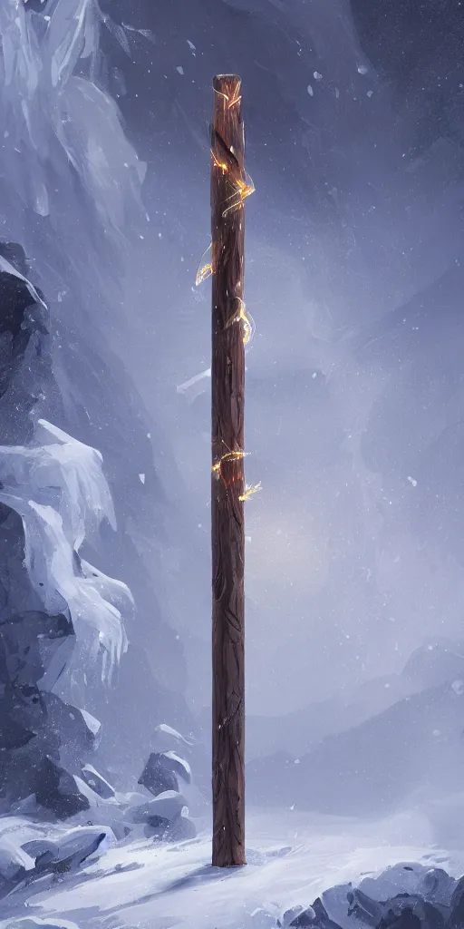 Prompt: a magical carved wooden staff mounted with a glowing crystal stuck in the ground halfway up a snowy mountain in the style of Sylvain Sarrailh, wispy magical smoke, beautiful digital art, cinematic composition, detailed, concept art, Matt painting, oil painting, high res