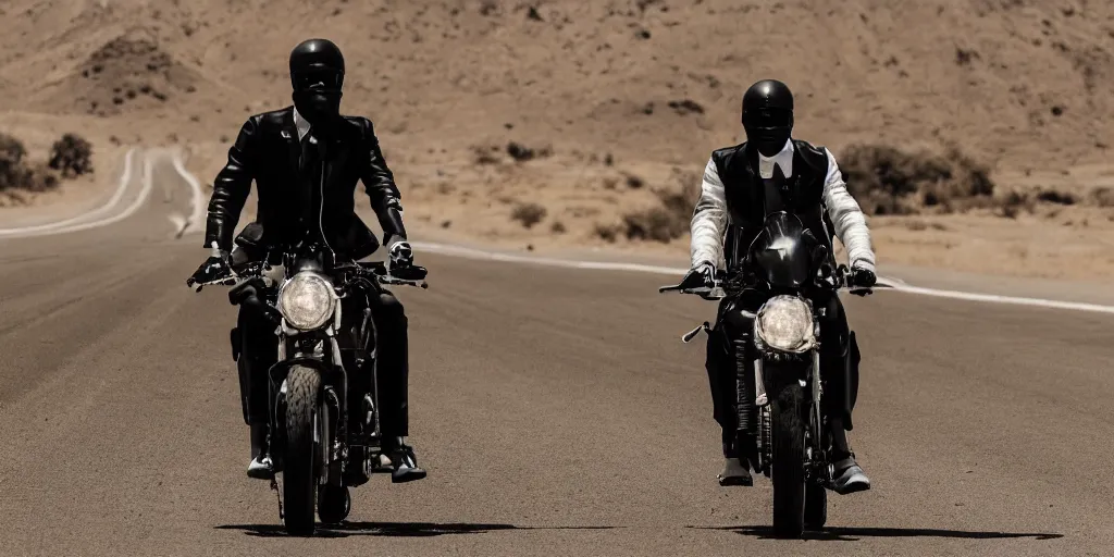 Image similar to Frank ocean wearing a black and white suit, riding a motorcycle in the desert on a road