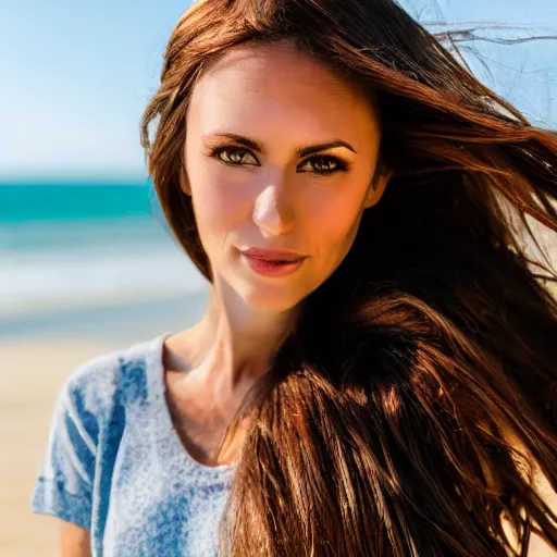 Prompt: Selfie photograph of a cute woman with long shiny bronze brown hair and green eyes, 8k, natural lighting, beach background, medium shot, mid-shot,