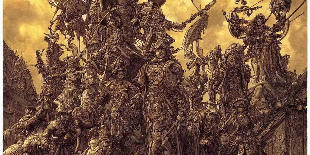 Image similar to “ parade of ornate warriors, dieselpunk : : epic : : cinematic : : watercolour : : art nouveau : : poster style : : by paul pope : : brian froud : : moebius : : travis charest : : gustave dore ”