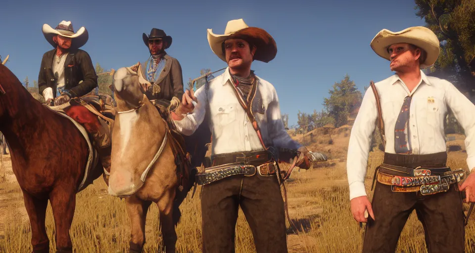 Image similar to Screenshot of Carl Brutananadilewski from Aqua Teen Hunger Force as a 3d cowboy in full cowboy attire in the videogame 'Red Dead Redemption 2'. Sharpened. 1080p. High-res. Ultra graphical settings.